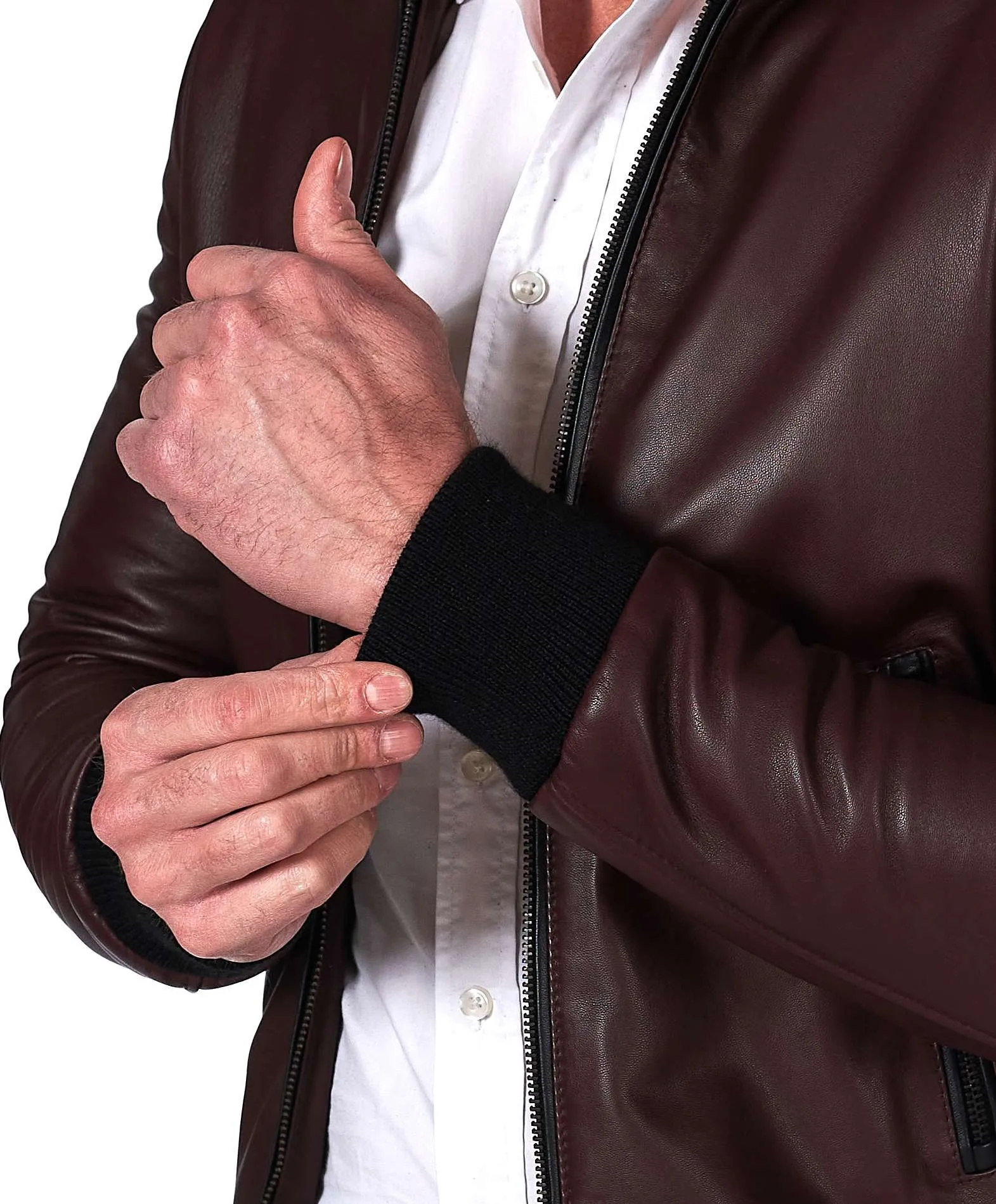 Natural Bordeaux Leather Men's Bomber Jacket with Hood - Biancolino