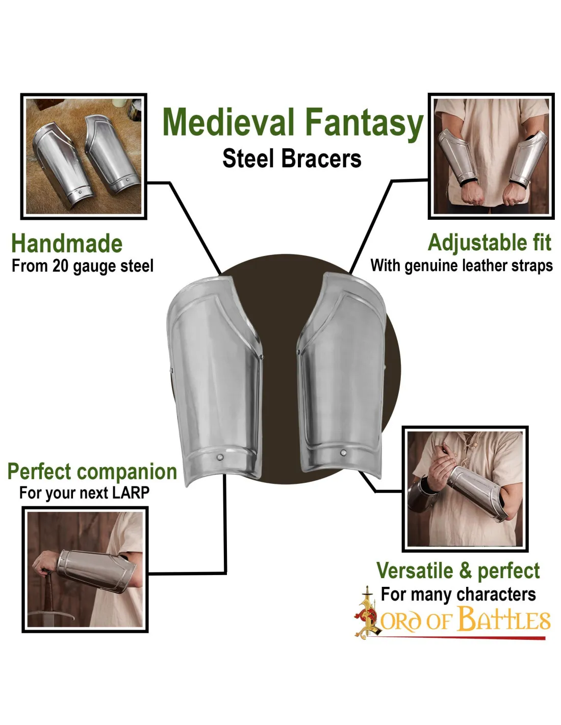 Brassards médiévaux fantaisie en acier, finition polie ⚔️ Boutique Épées