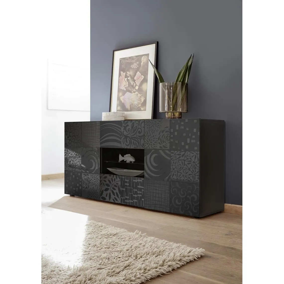 Buffet 2 portes et 2 tiroirs MIRO laqué gris brillant | 3 Suisses