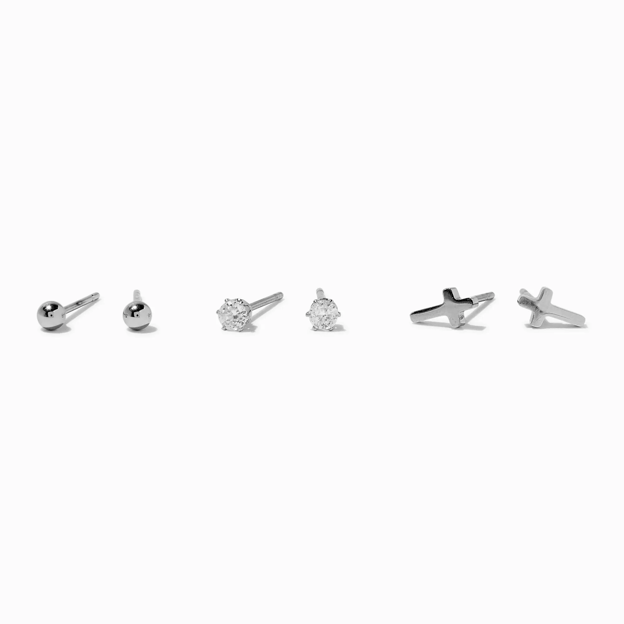 Clous d'oreilles croix en zircon cubique en acier inoxydable couleur argentée - Lot de 3