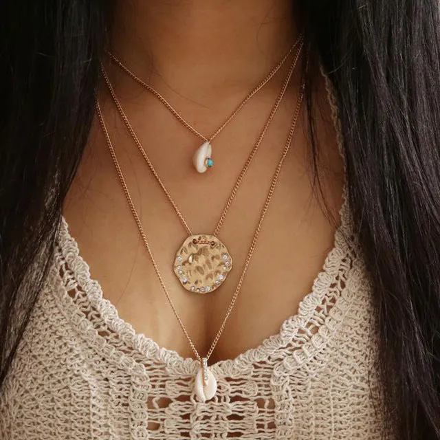 Collier multi-chanes pendentifs en lune, étoile, cur et perle - couleur Or