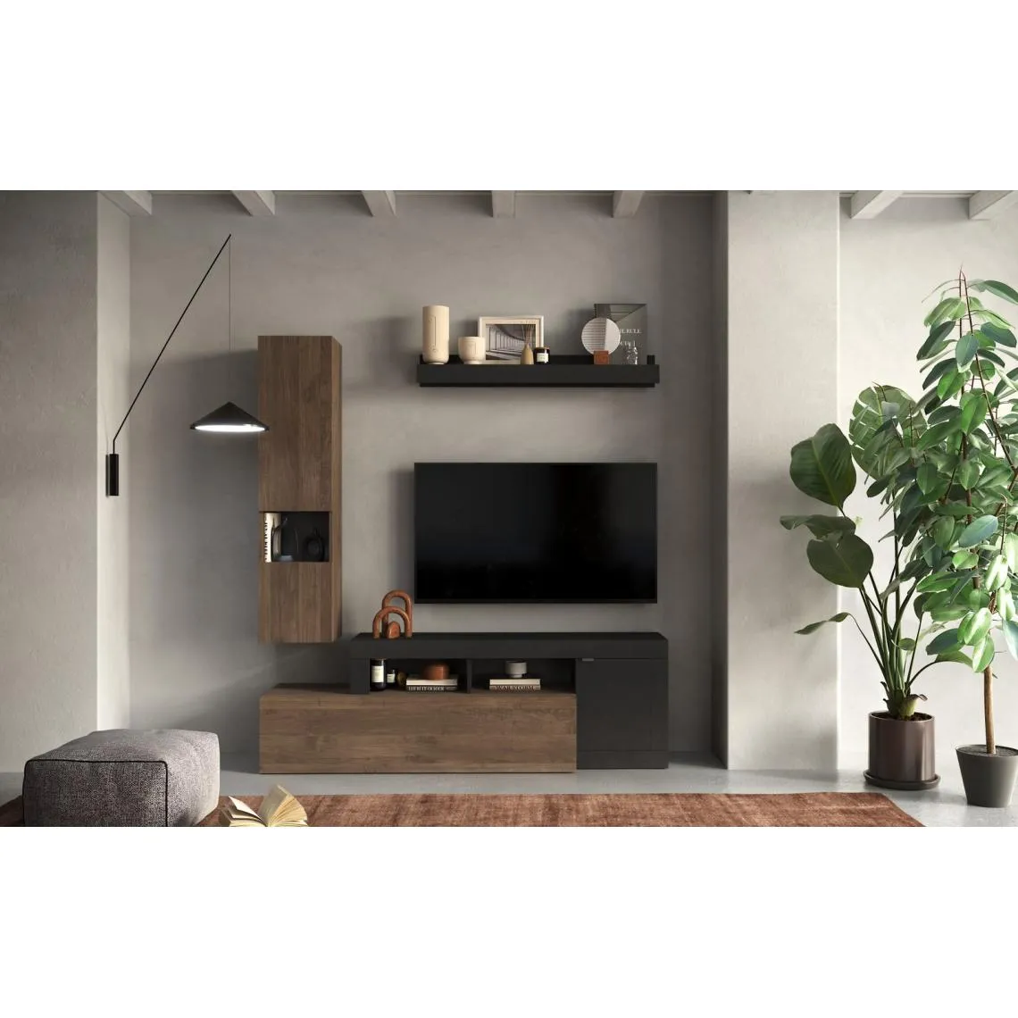 Composition murale L181 meuble TV, étagère et buffet mural, naturel et gris | 3 Suisses