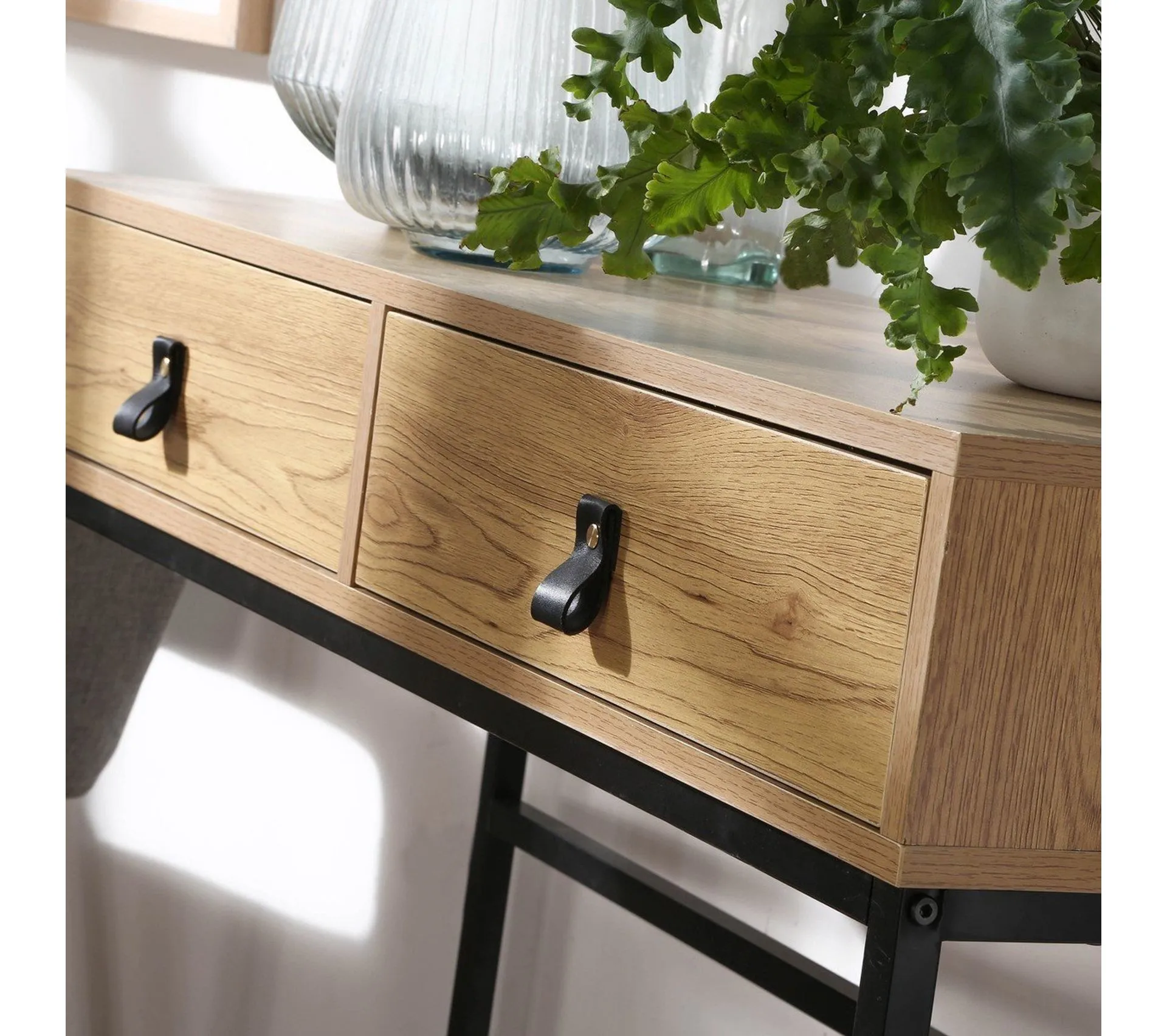 Console 2 Tiroirs Pieds Métal Effet Chêne - L100 Cm