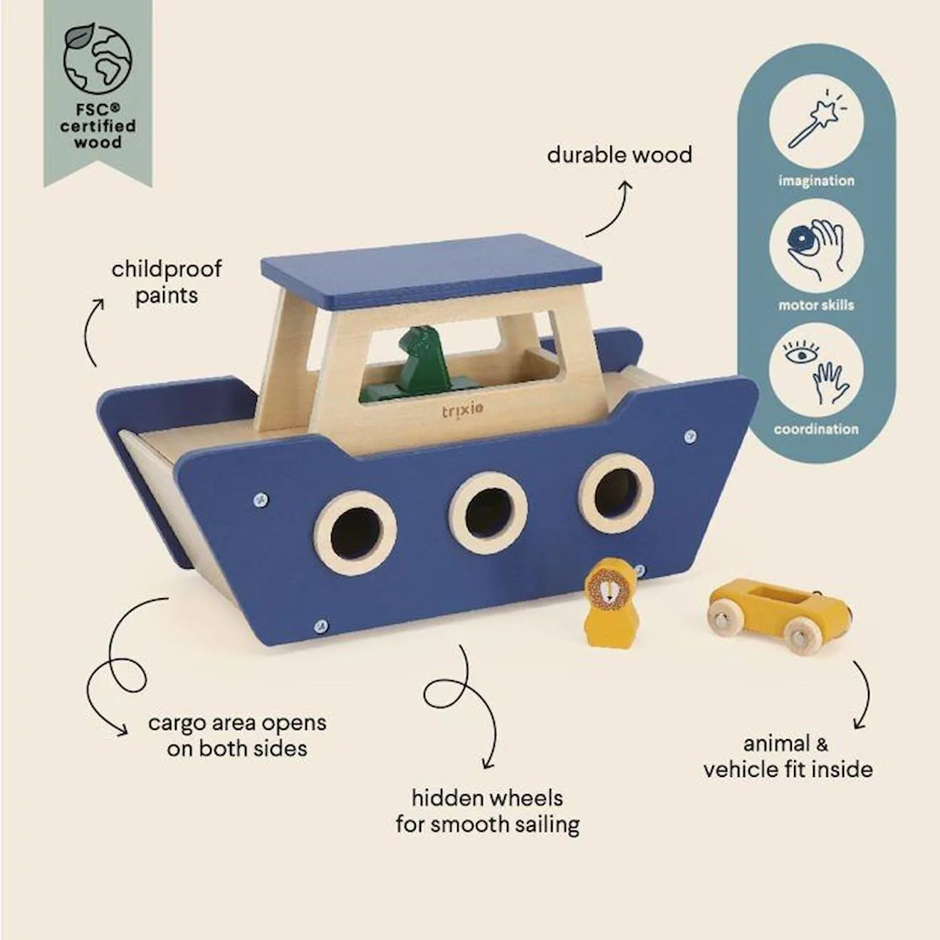 Ferry Bateau - Jouet en bois FSC - Trixie bleu - 