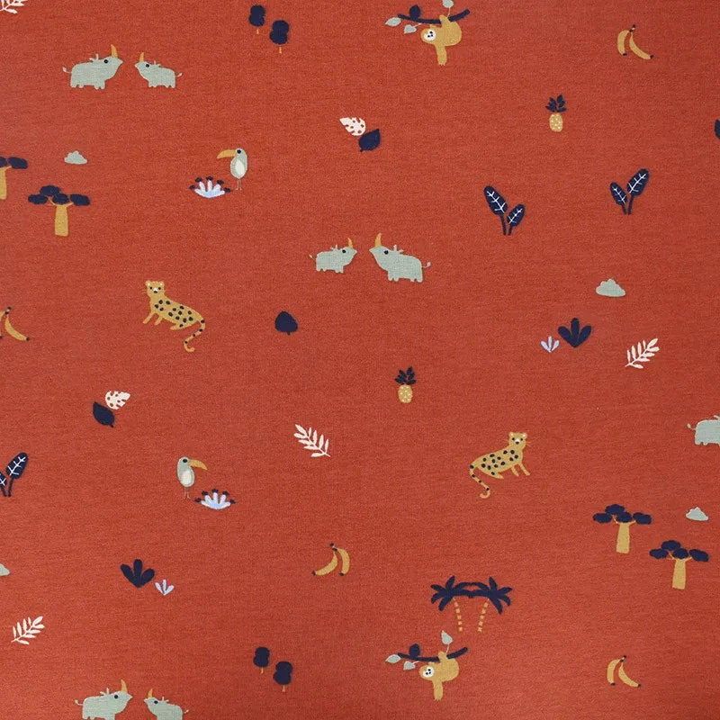 Poppy Animals Rust Jersey Fabric