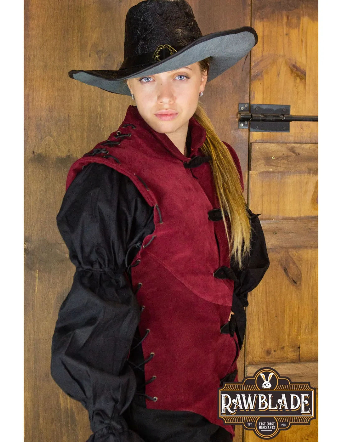 Pourpoint médiéval Diego en cuir suédé pour femme - Rouge ⚔️ Boutique Épées