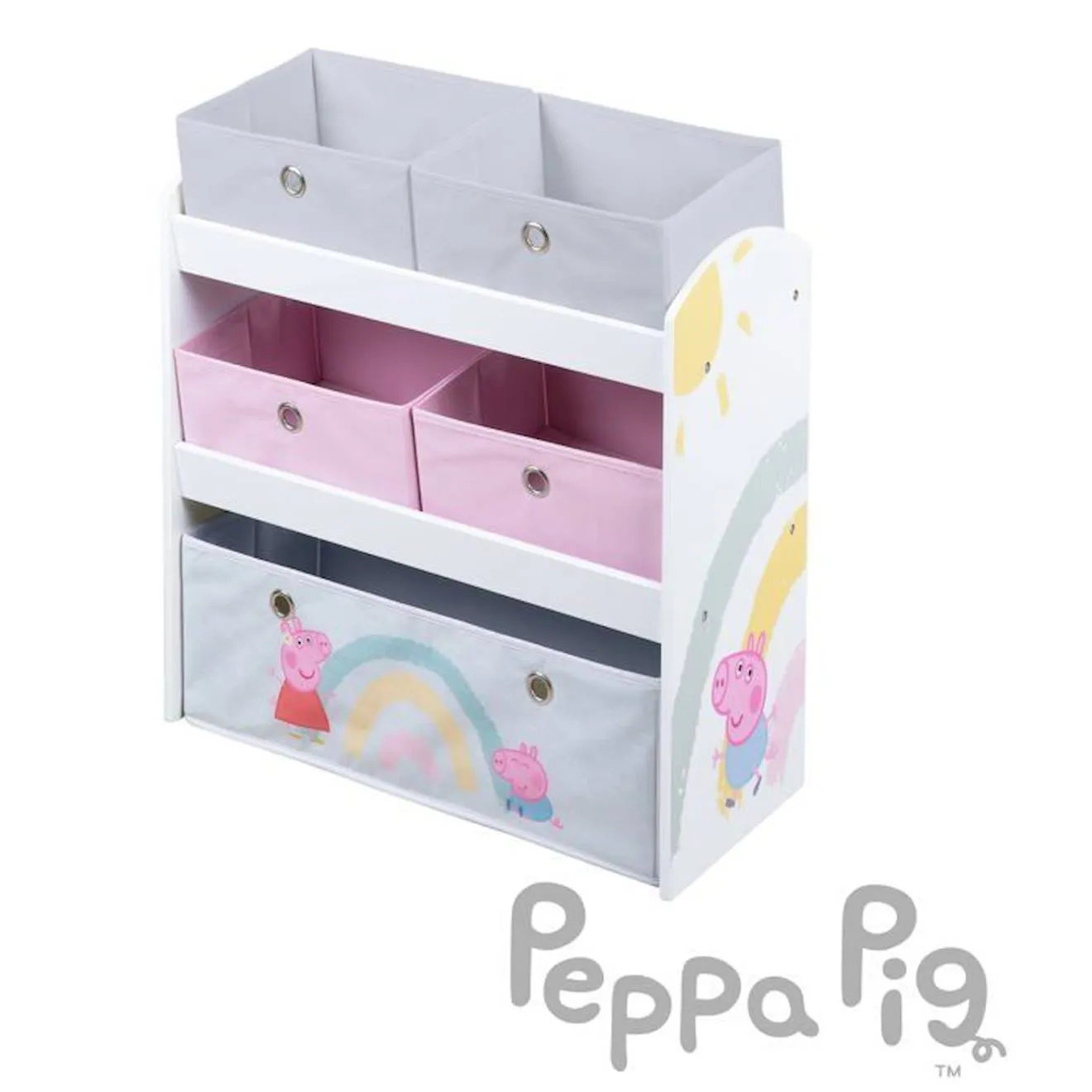 ROBA Peppa Pig Étagère de Rangement pour Jouets - 5 Boîtes en Tissu - Motif de la Truie et Cochon - Bois Laqué Rose - Blanc rose