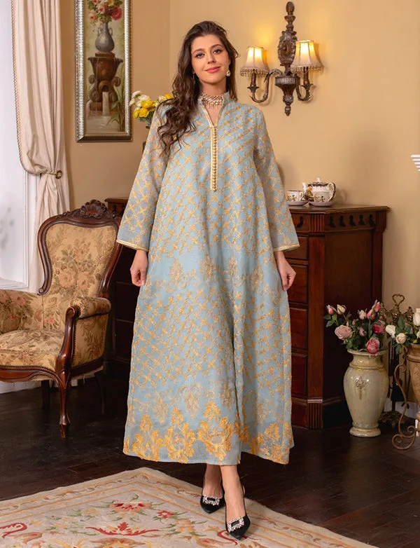 Maxi Blue Elegant Embroidered Abaya Dress - Shop Now