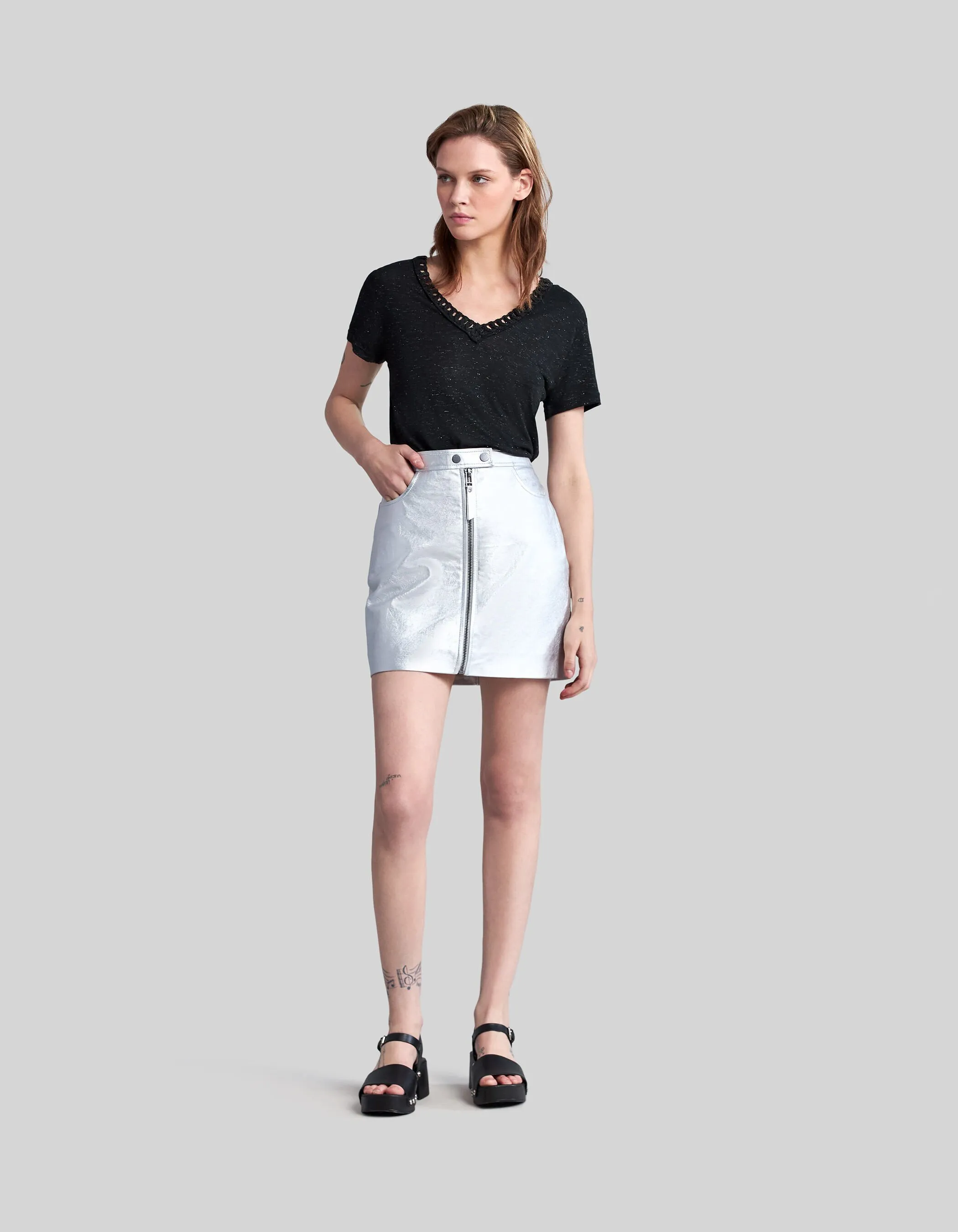 Tee-shirt noir lurex réversible tressage encolure V Femme
